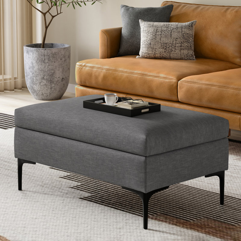 Rebecca 36"W Upholstered Linen-Look Fabric Mid-Century Modern Rectangular Lift-Up Coffee Table Storage Ottoman with Hidden Storage