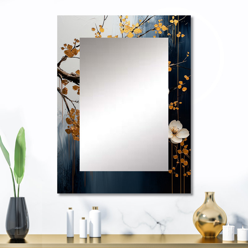 Or doré, branches de cerisier V - miroir mural unique, art traditionnel imprimé, 32 po x 24 po