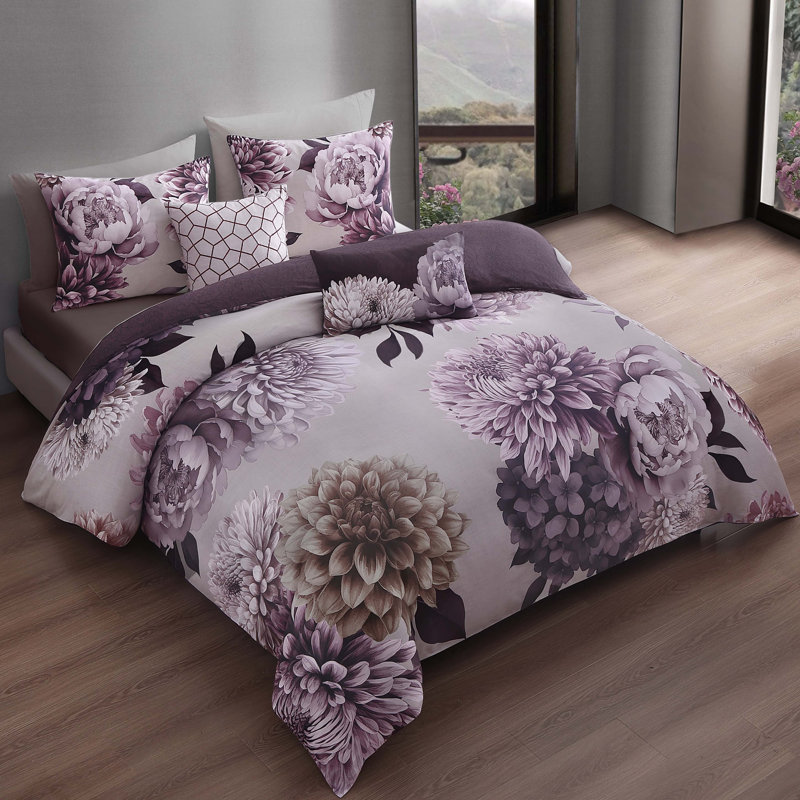 Bebejan Plum Petal 100% Cotton Sateen 5 Piece Reversible Comforter Set, Queen Comforter + 2 Standard Shams +2 Throw Pillow