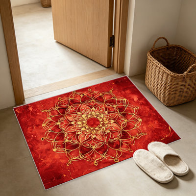 Tapis de marbre rouge or mandala pour le salon, doux et confortable, convient à toutes les saisons, facile à entretenir, tapis de sol intérieur lavable à la machine, sous la table de ferme convenant à la chambre à coucher, à la salle à manger, au bureau, au patio, au balcon, à la décoration intérieure