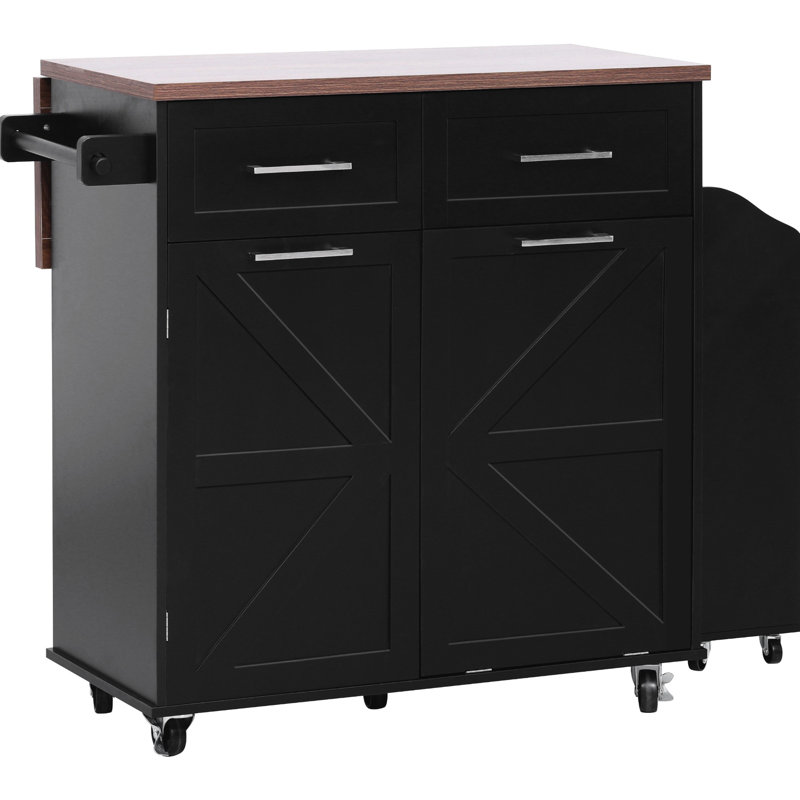 47.2" Kitchen Island, Drop Leaf, Removable Side , Towel Rack, Concealed Tilt Trash Container Can Cabinet, Black