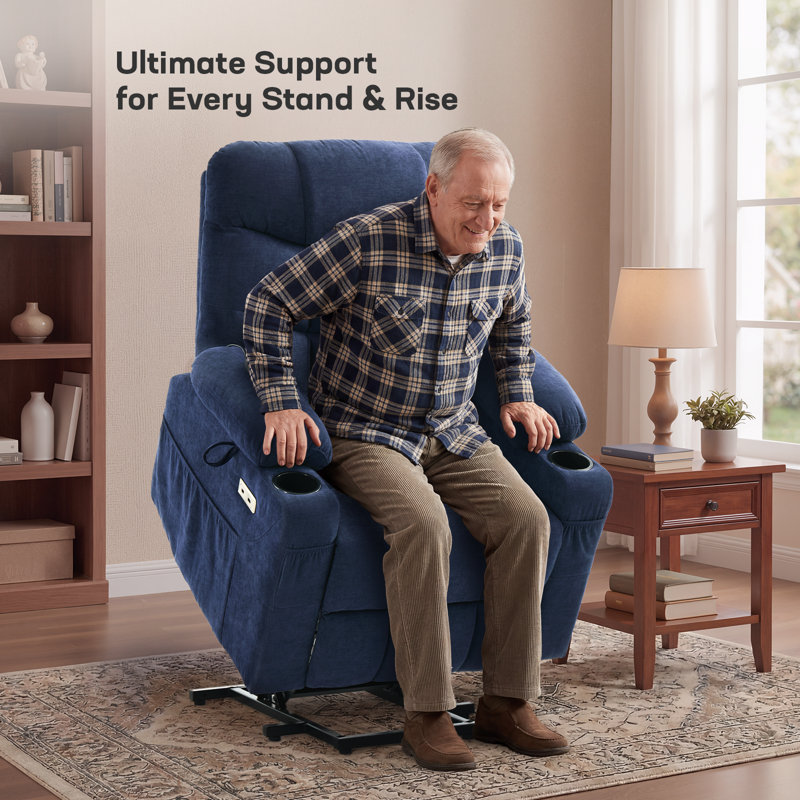 Dual Motor Power Lift Chair Recliner for Elderly with Massage and Heat, Infinite Position Electric Lift Recliner with USB A&C, Cup Holders (T6012 - Chenille Fabric, Blue, Medium)