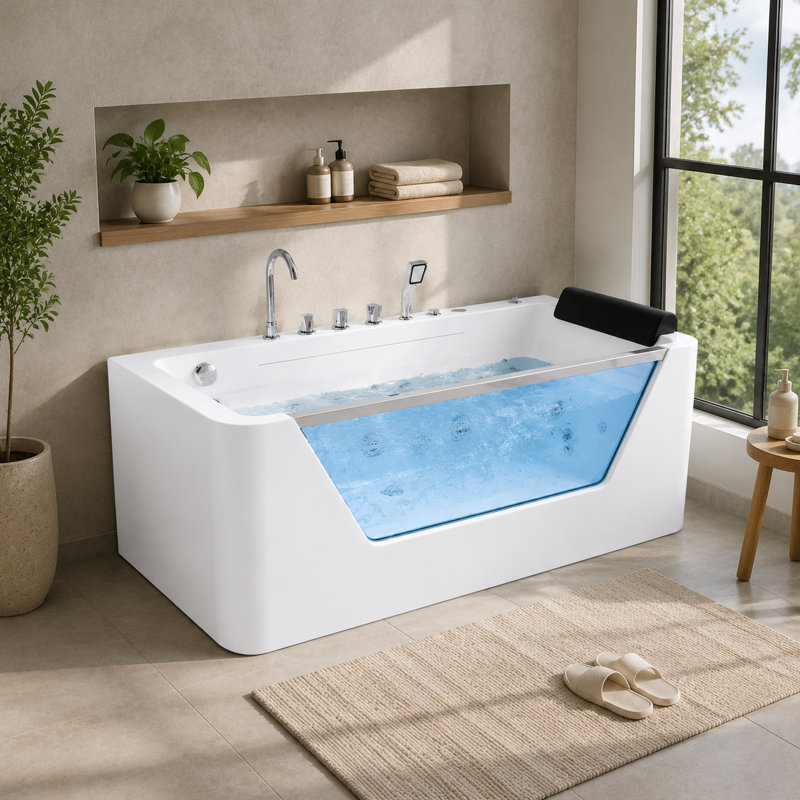 Baignoire tourbillon 67 "avec 7 jets de massage, éclairage de chromothérapie à DEL, panneau avant en verre trempé