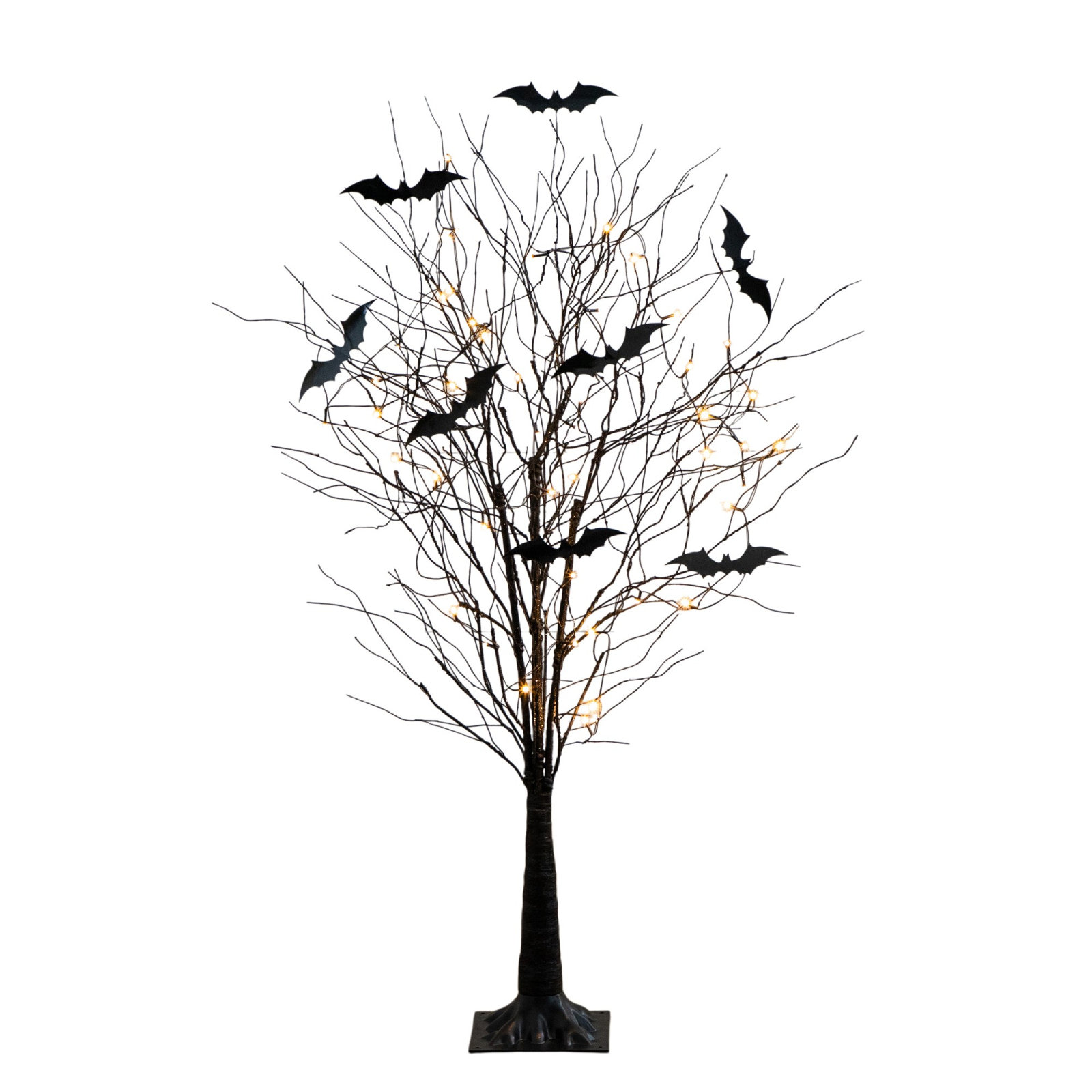 5Ft. Pre-Lit Artificial Halloween Black Twig Tree With Bats And 50 Warm White LED Lights, 60" H x 16" W x 16" D