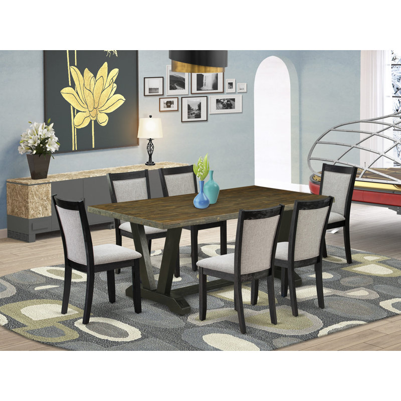 7 Piece Mid Century Dining Set - Distressed Jacobean Top Dining Room Table with Trestle Base and 6 Shitake Linen Fabric Dining Chairs - Wire Brushed Black Finish