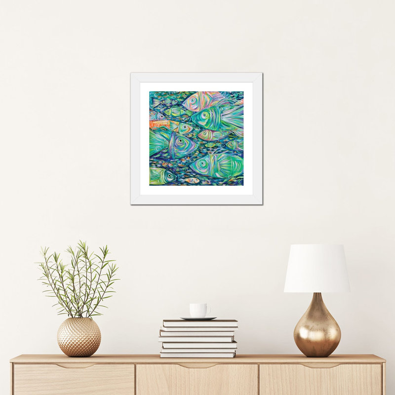 " School Of Fish " by Estelle Grengs, White, 16'' H x 16'' W x 1'' D, White Framed Paper