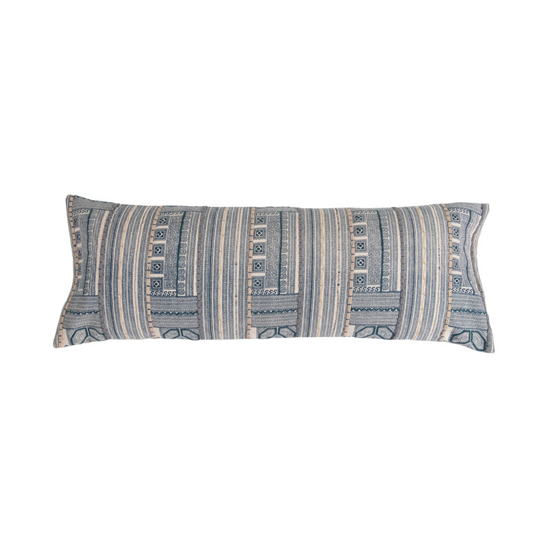 Oversized Blue and Beige Cotton Embroidered Lumbar Pillow