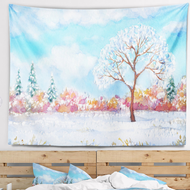 Peinture paysage arbre en tapisserie d'hiver, H 50 po x l 60 po