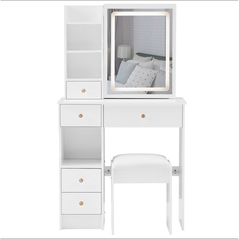 29.2" Small Size Left Drawer Desktop Vanity Table + Cushioned Stool, Large Sliding, Touch Control, Tri-Color Switching, Brightness Adjust LED Mirror, High Capacity Storage, Suitable For Small Space
