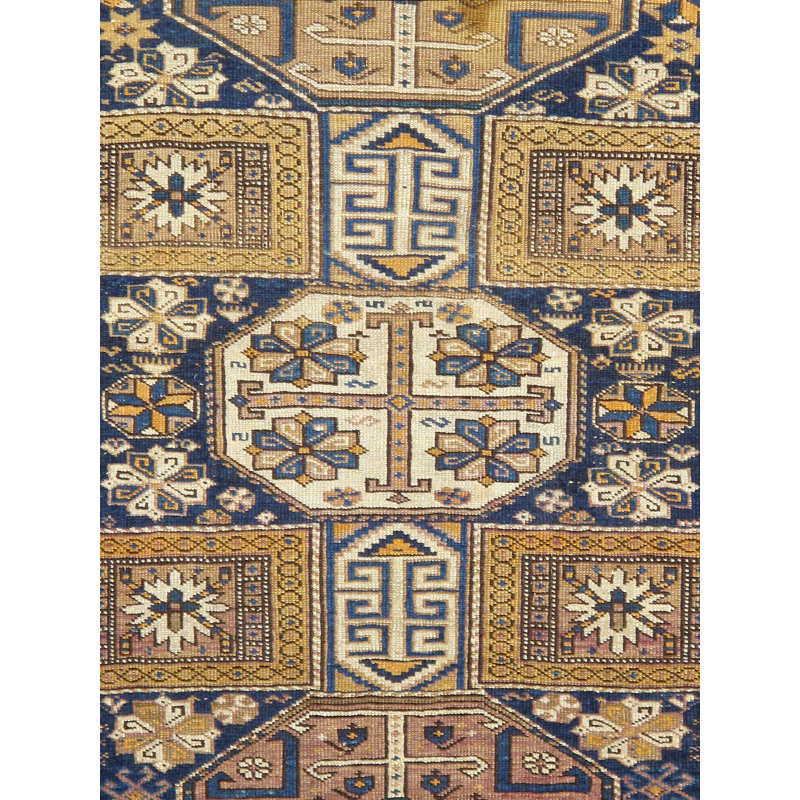 Tapis jaune / noir en laine noué à la main Kazak Antique