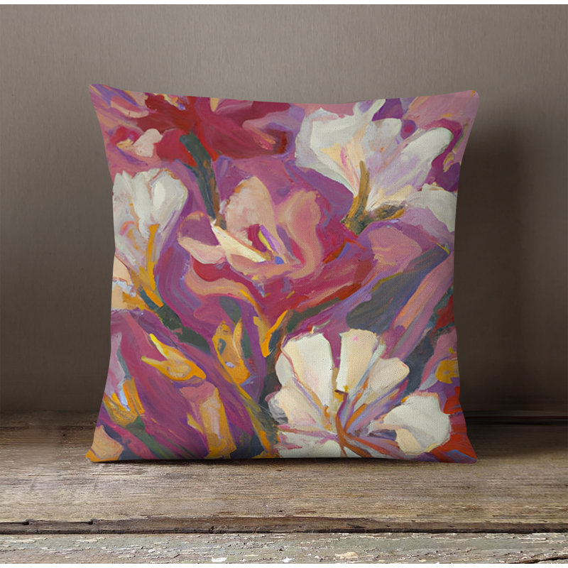 Throw Pillow With Insert, White/Pink Floral 4, 16"H x 16"W