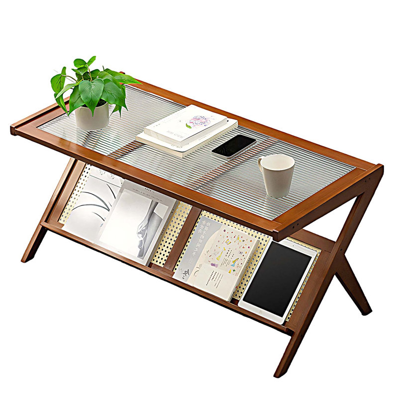 Table basse en rotin avec plateau en verre