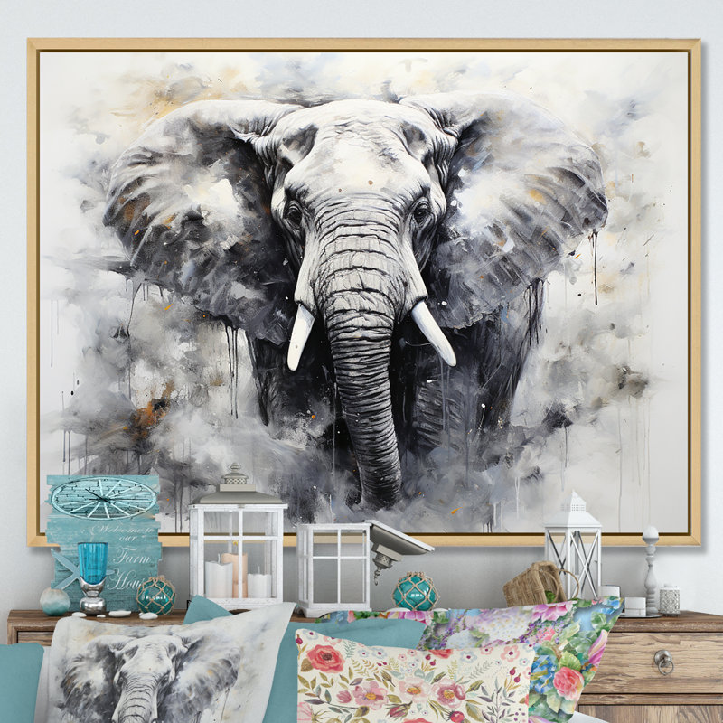 Noir et blanc doux éléphants géants, Cadre naturel flottant, H 30 po x l 40 po x P 1,5 po