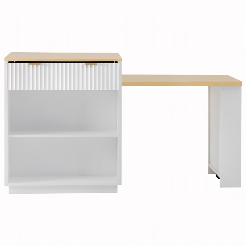 82.6" Fluted Kitchen Island with Extendable Dining Table for 4-6, Island Table for Kitchen with Power Outlet, Kitchen Table with Double-Side Storage, 2 Drawers 2 Side Open Shelves, White