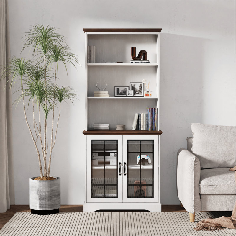 5 Tiers 72" Bookcase, with Glass Door Cabinet Floor Standing Bookshelf