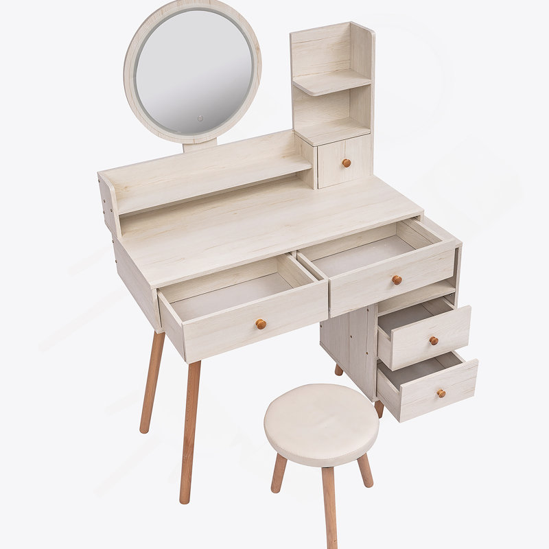 Table de coiffeuse + tabouret rembourré, miroir à DEL tactile, armoire de rangement grande capacité, 5 tiroirs, meubles de maquillage tendance, longueur réglable