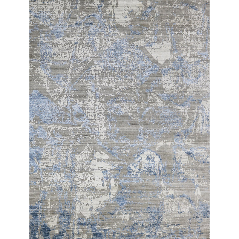 Tapis gris et bleu noué à la main de haute qualité, Rectangle 6 pi x 9 pi