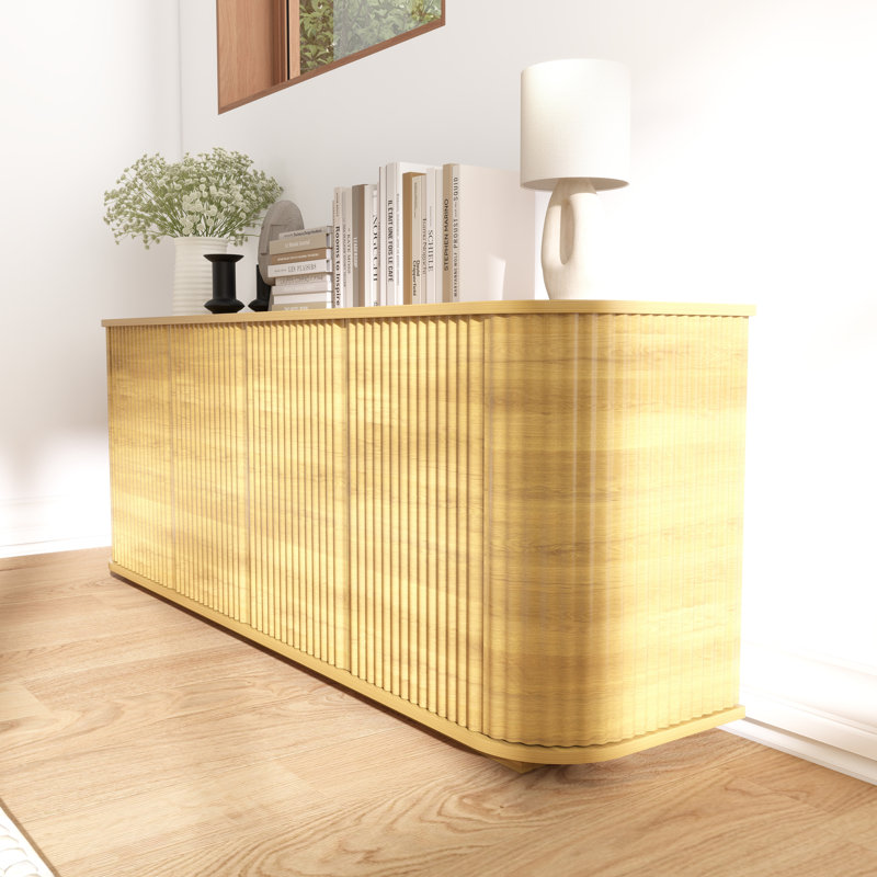 64''W Sideboard Storage Cabinet With Wave Pattern, Natural