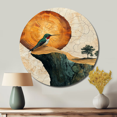 Hummingbird Into Wood Forest Quest I - Art mural moderne en métal orange, imprimé colibri rond en métal