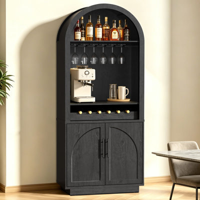 79" Tall Arched Pantry Cabinet with Coffee Bar, Charging Station, LED Lights and Wine Storage