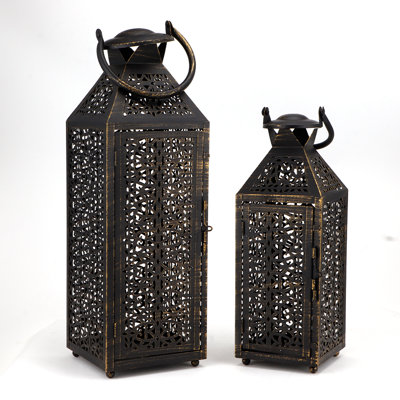  Set of 2 Vintage Decorative Candle Lanterns 19"&14''H Moroccan Metal Candle Holders