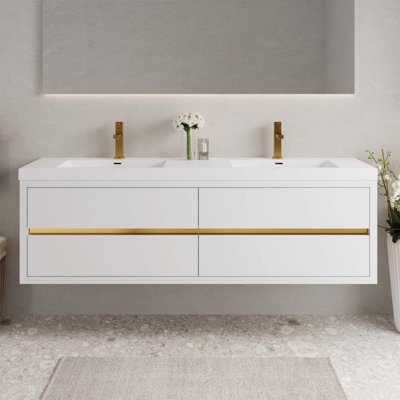 Wall-Mounted Bathroom Vanity with Double Sinks, Floating Storage Cabinet, Stone Resin Countertop and Soft Close Drawers for Bathroom Organization