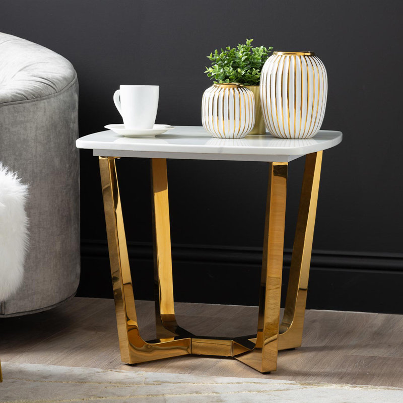 Azarius 55cm Metal End Table for Living Room Furniture, Modern Sofa Side Table with Marble Top, White/Gold