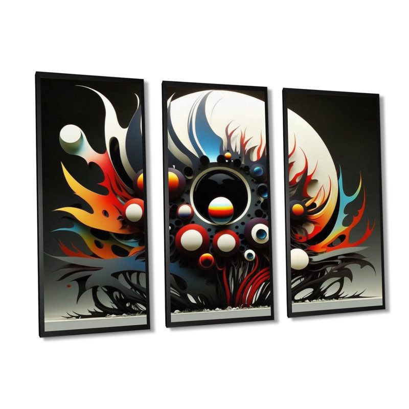 «Minimalist Colorful Spheres and Waves», reproduction sur toile 3 pièces, Toile encadrée noire, H 28 po x l 36 po x P 1 po