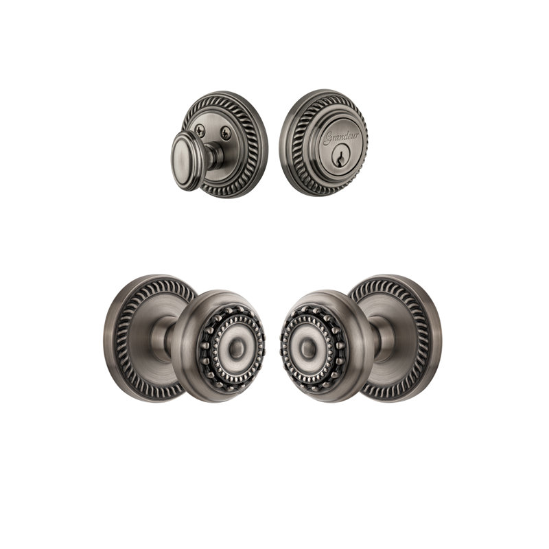 Ensemble d'entrée complet Newette Rosette avec pêne dormant cylindrique simple et bouton Parthénon, Étain antique