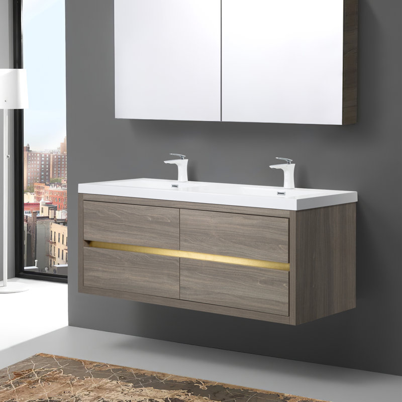 60" Wall-Mounted Bathroom Vanity, Glossy, Gray