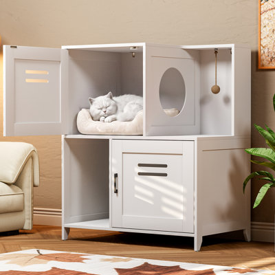 Wooden Cat Litter Box Enclosure Furniture, Double‑Tier Hidden Cat Litter Cabinet with Sisal Hanging Ball