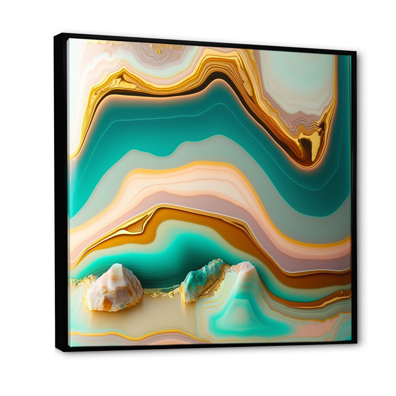 Art liquide, agate bleue turquoise sur toile, H 24 po x l 24 po x P 1 po, Cadre flottant noir