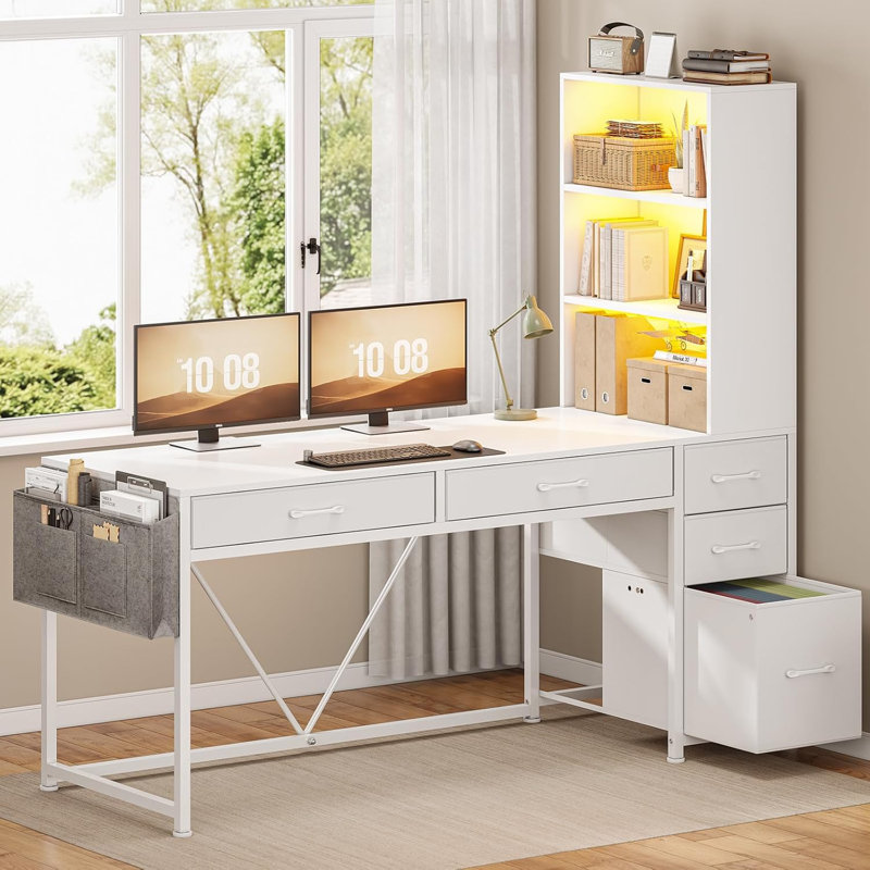 Barbarino Computer Desk With 5 Drawers And Bookshelf Led Lights For Small Spaces, White/White