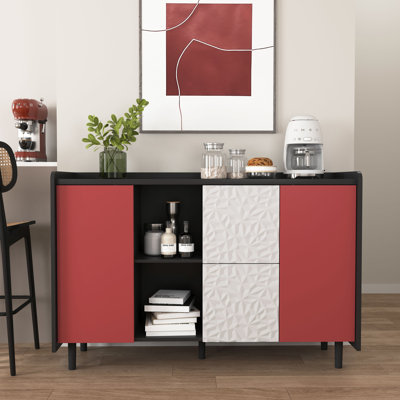 Sideboard Buffet Cabinet, Storage Cabinet With Blue Doors , 2 Drawers With Unique Panel Styling And 2 Open Storage Compartment, Modern Coffee Bar Cabi by Ebern Designs
