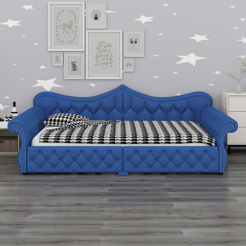Modern Upholstered Daybed with LED and Nail Head Detailing, Blue