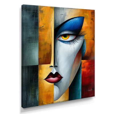 Essentiel, orange, bleu, géométrique, portrait, moderne, femme, art mural, salon