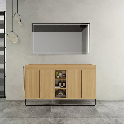 Meuble de salle de bain autoportant de 60 po (58-11/16 po), 4 portes à fermeture douce et 3 étagères de rangement ouvertes, emballage démontable (meuble-lavabo seulement, sans lavabo)