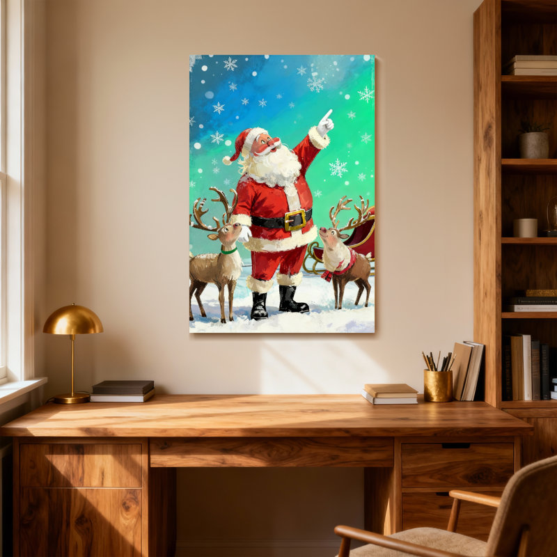 Père Noël avec des rennes dans une scène enneigée, H 48 po x l 32 po