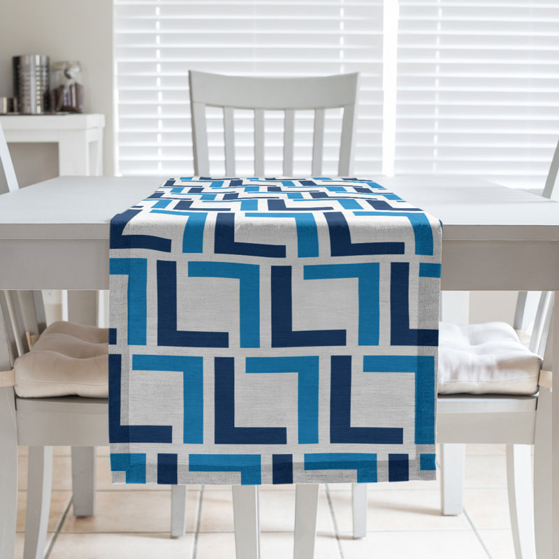 Geometric Table Runner, 72" x 16", Cotton, Gold/Navy Blue/White