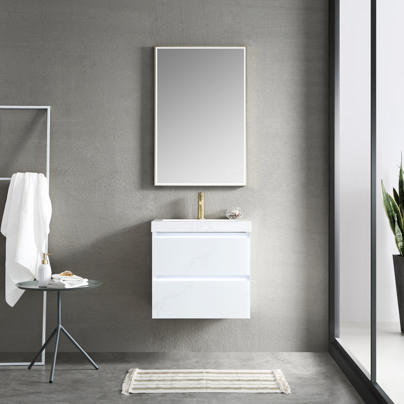Fahriye 23.56'' Single Bathroom Vanity with Acrylic Top with Mirror, Calacatta White