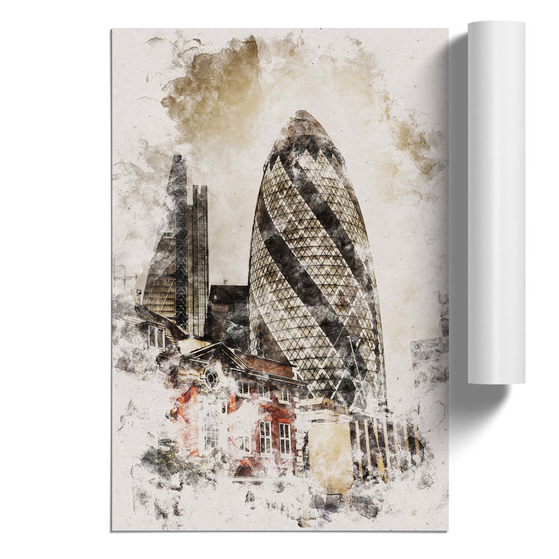 The Gherkin in London Watercolour - Frameless Print, 42cm H x 30cm W x 0.1cm D