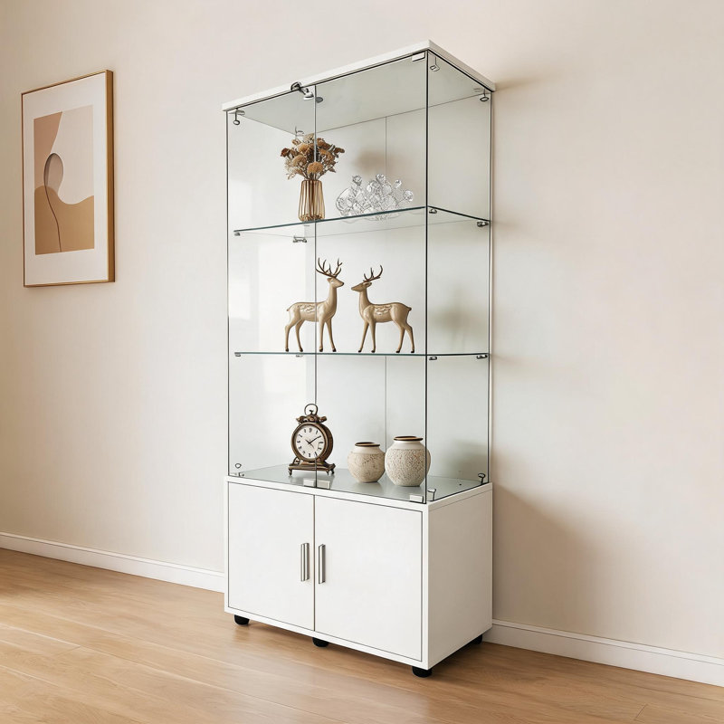 White Double-Door, Four-Tier Storage And Display Cabinet; Remote-Controlled Ambient Lighting; Adjustable Legs; Multi-Functional Living Room Wine Cabinet And Filing Cabinet.