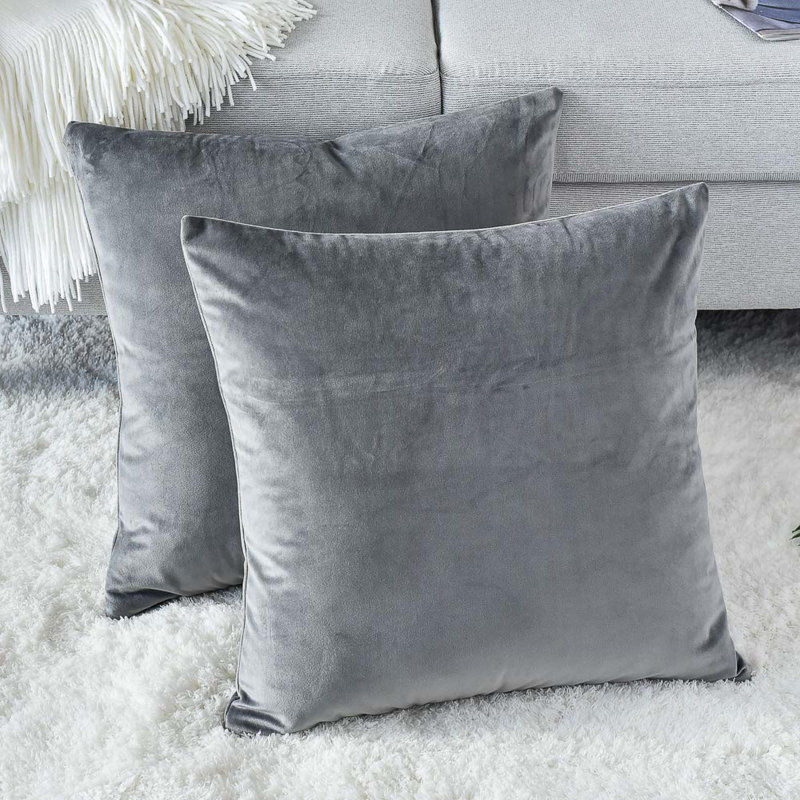 Housse de coussin en velours uni, Gris, H 20 po x l 20 po