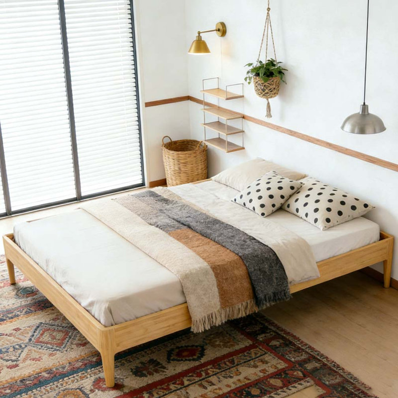Structure de lit plateforme en bois de bambou massif, Naturel, Lit double