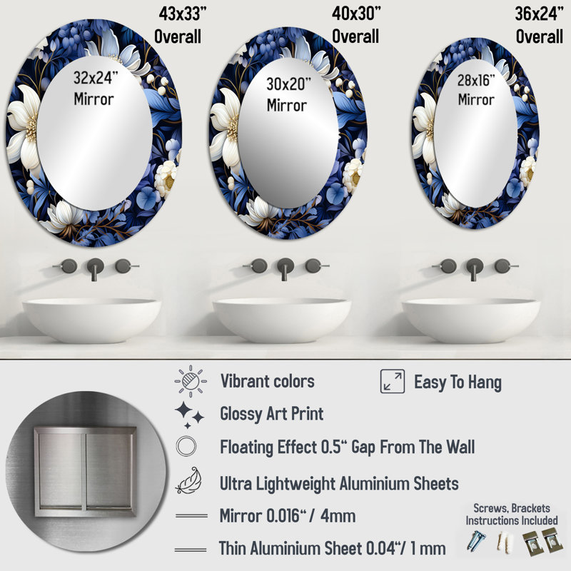 Fleurs indigo foncé au clair de lune - Miroir décoratif floral ovale sur métal, H 43 po x l 33 po