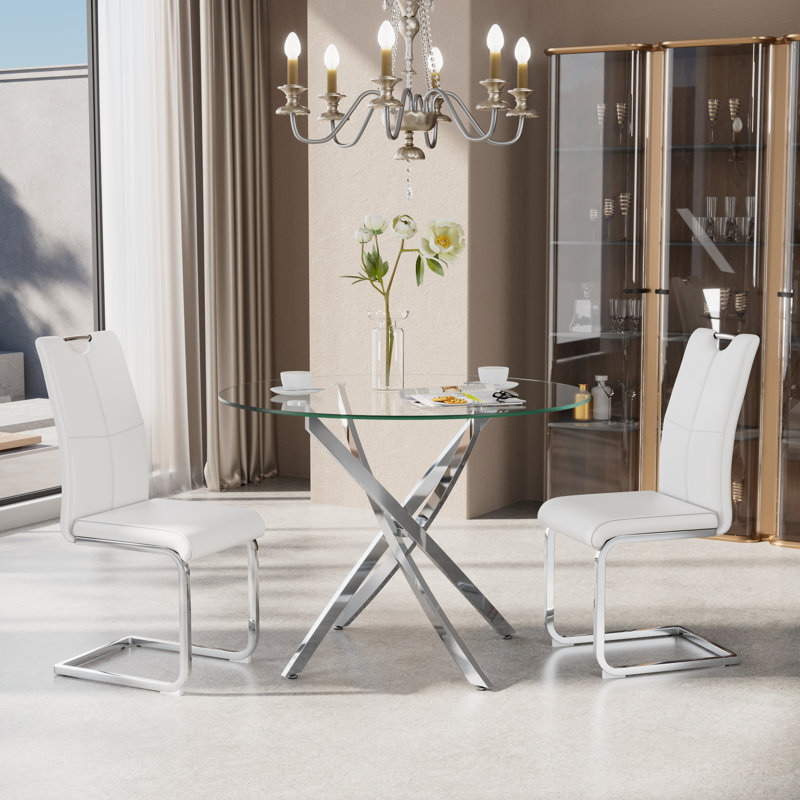 Ensemble de salle à manger 3 pièces, H 29,5 po x L 36 po x l 36 po, Blanc, Argent