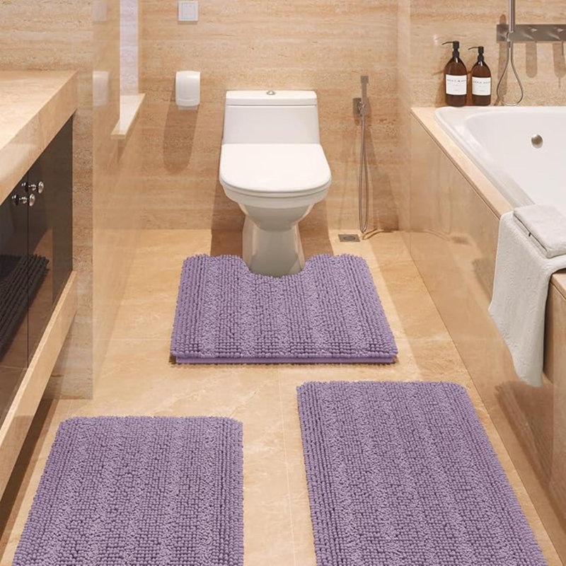 Striped Brown Bathroom Rug Set 3 Pieces Ultra Soft, Non Slip Chenille Toilet Mat, Absorbent Plush Shaggy Bath Mats For Bathroom, Bedroom, Kitchen