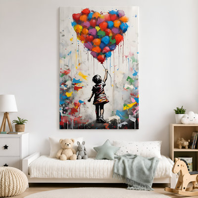 Art mural moderne sur toile abstraite, enfant avec ballons colorés, décoration sur toile tendue pour le bureau de la chambre à coucher