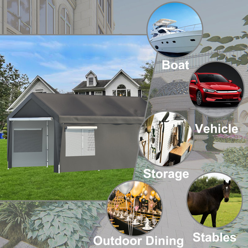 10X20 Ft Carport Garage With Side Windows - , , Easy Install Canopy For Various Purposes Protected, Stable, Removable Walls