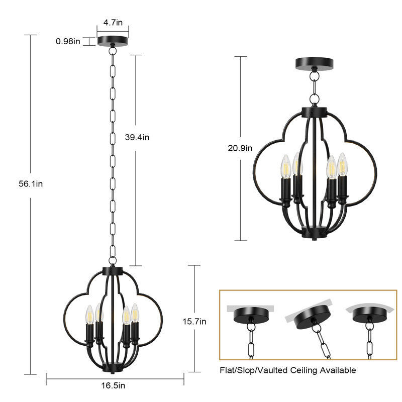  Luminaire suspendu de style lanterne de style lanterne quadrilobe noir à 4 lumières avec chaîne de suspension réglable